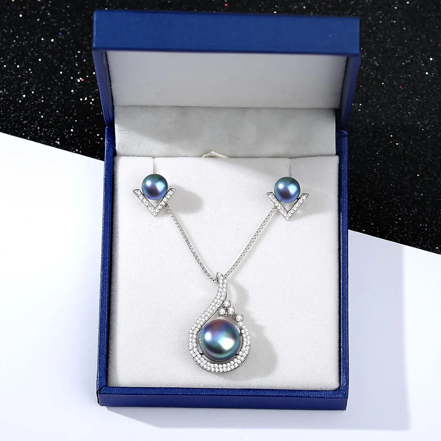 YAMI Pearl Necklace and Earring Set for Women, 925 Sterling Silver 10MM Cultured Pearls Pendant Necklace Pearl Stud Earrings Jewelry Set, 18Inch 2" Box Chain, Gifts for Mother Wife Her