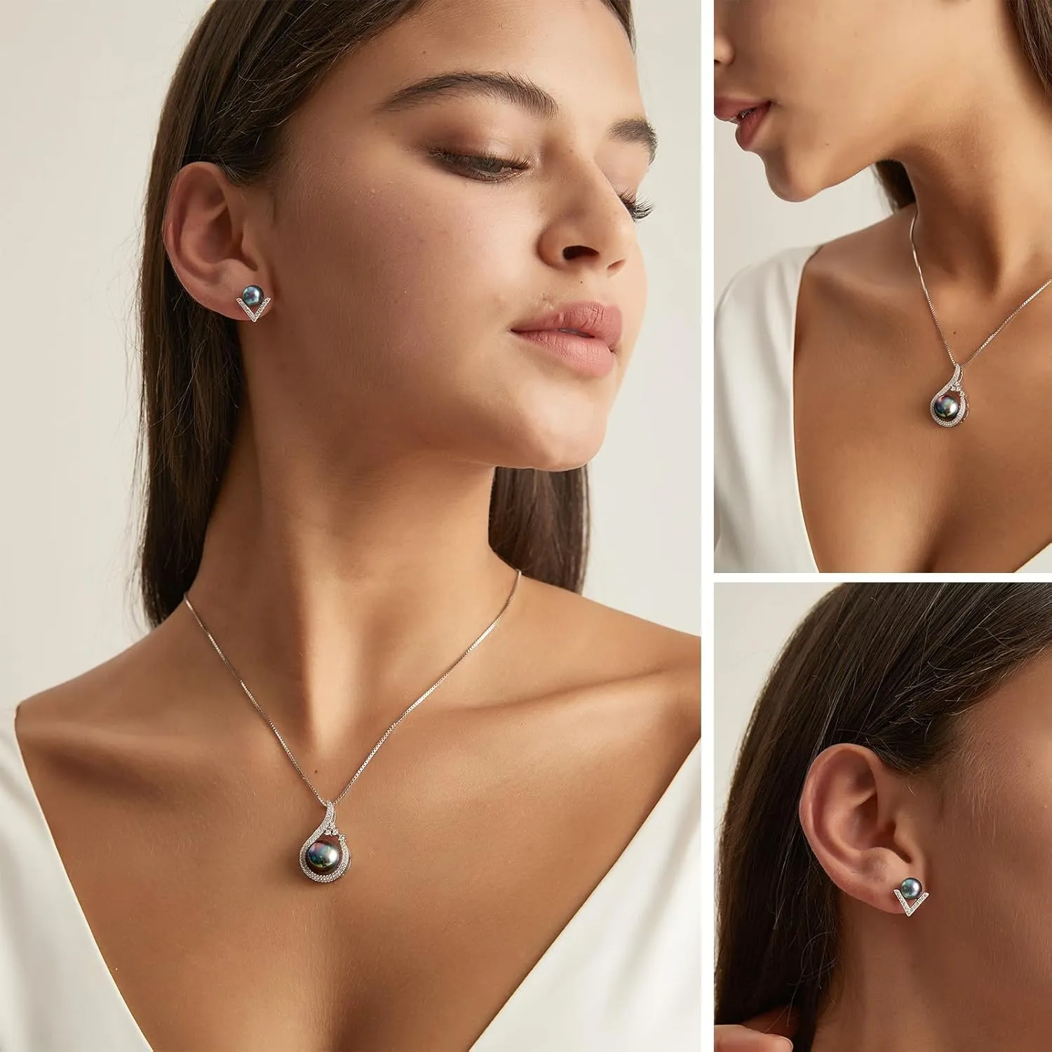 YAMI Pearl Necklace and Earring Set for Women, 925 Sterling Silver 10MM Cultured Pearls Pendant Necklace Pearl Stud Earrings Jewelry Set, 18Inch 2" Box Chain, Gifts for Mother Wife Her