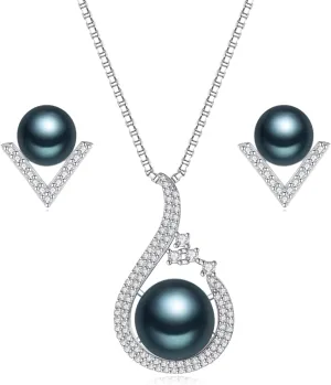 YAMI Pearl Necklace and Earring Set for Women, 925 Sterling Silver 10MM Cultured Pearls Pendant Necklace Pearl Stud Earrings Jewelry Set, 18Inch 2" Box Chain, Gifts for Mother Wife Her