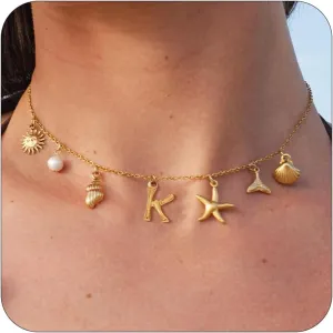 YANCHUN Initial Charm Necklace Summer Shell Necklace Letter A-Z Summer Boho Seashell Starfish Surfer Necklaces Jewelry Beach Vacation Essentials Trendy 2025 Women Beach Fashion
