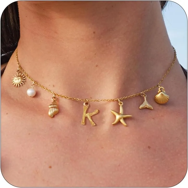 YANCHUN Initial Charm Necklace Summer Shell Necklace Letter A-Z Summer Boho Seashell Starfish Surfer Necklaces Jewelry Beach Vacation Essentials Trendy 2025 Women Beach Fashion