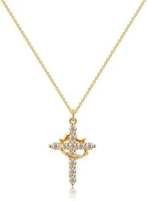 YBMYCM Trendy Cross Necklace for Women Gold Plated Crown Diamond Pendant Necklace Faith Cross Jewelry