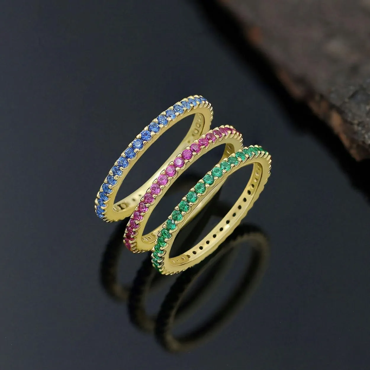 Yellow & White Gold Plated Created Ruby/Blue Sapphire/Simulated Diamond/Pink Sapphire/Emerald Stone Stackable Ring Eternity Bands For Women - Birthstone Ring Jewelry - Gift For Her