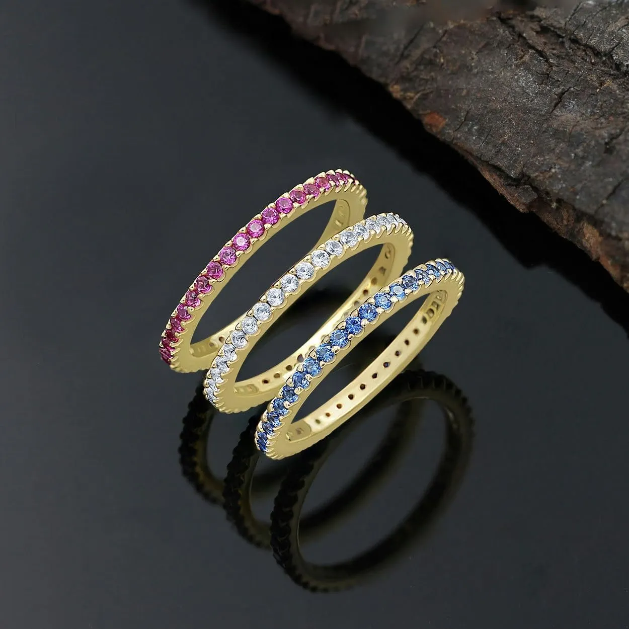 Yellow & White Gold Plated Created Ruby/Blue Sapphire/Simulated Diamond/Pink Sapphire/Emerald Stone Stackable Ring Eternity Bands For Women - Birthstone Ring Jewelry - Gift For Her