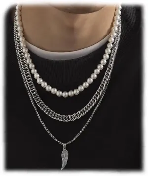 Yertter Multi Layered Pearl Necklace Chunky Chain for Men Wing Pendants Set of 3 Thick Cable Curb Chain Adjustable Trendy Men Unisex (Style 5)