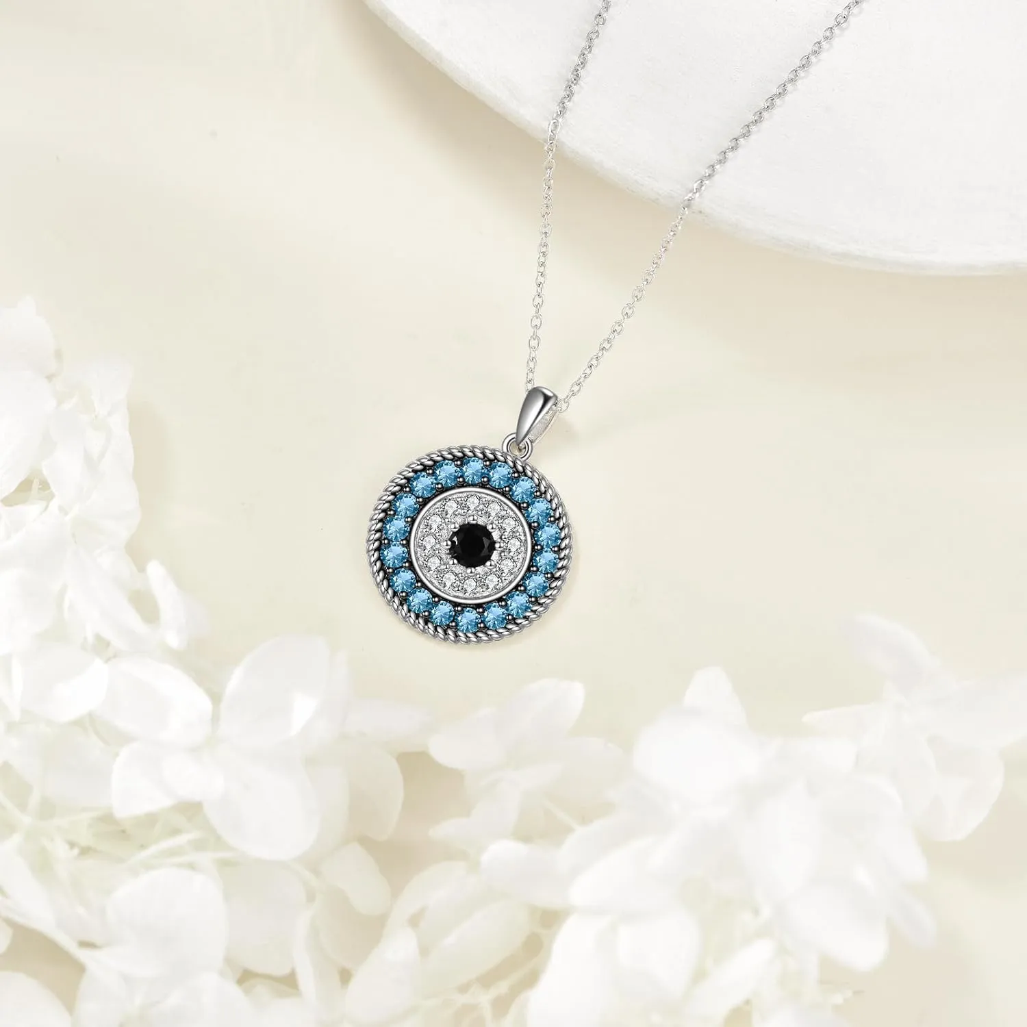 YFN Evil Eye Pendant Necklace for Women 925 Sterling Silver Greek Protection Jewelry with Blue Sapphire and Black Cz Amulet Gift