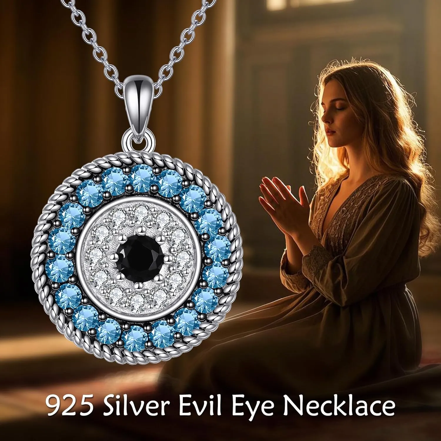 YFN Evil Eye Pendant Necklace for Women 925 Sterling Silver Greek Protection Jewelry with Blue Sapphire and Black Cz Amulet Gift