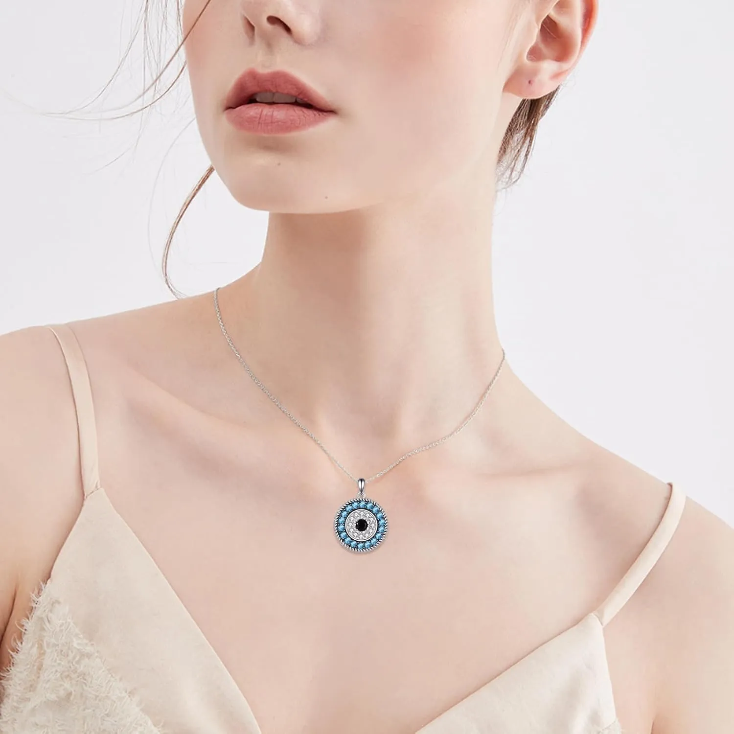 YFN Evil Eye Pendant Necklace for Women 925 Sterling Silver Greek Protection Jewelry with Blue Sapphire and Black Cz Amulet Gift