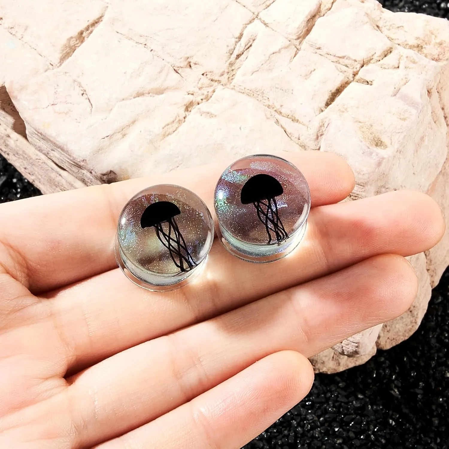 YOFANST 1Pair Glass Ocean Jellyfish Ear Plugs Gauges Tunnel Expanders Stretcher Earrings Double Flared Piercings Body Jewelry Blue Red Black Set 0G-5/8''