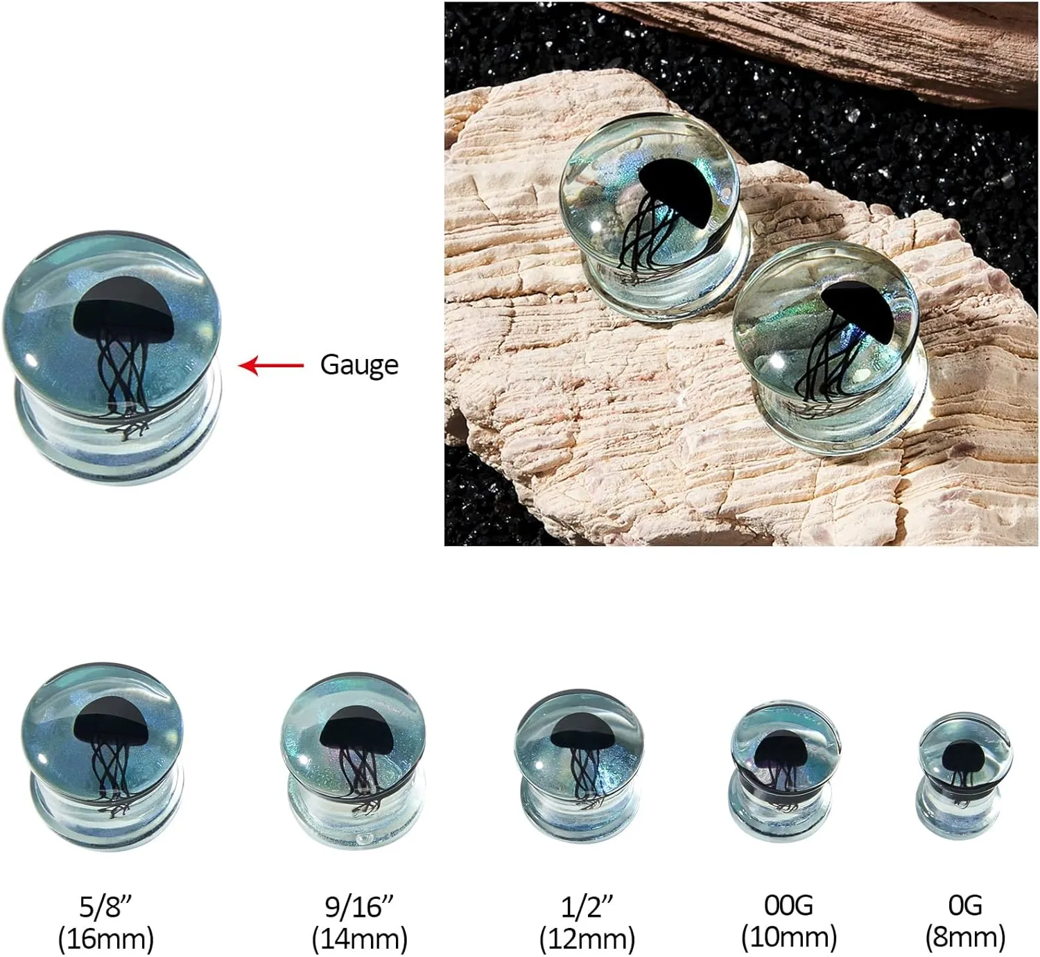 YOFANST 1Pair Glass Ocean Jellyfish Ear Plugs Gauges Tunnel Expanders Stretcher Earrings Double Flared Piercings Body Jewelry Blue Red Black Set 0G-5/8''