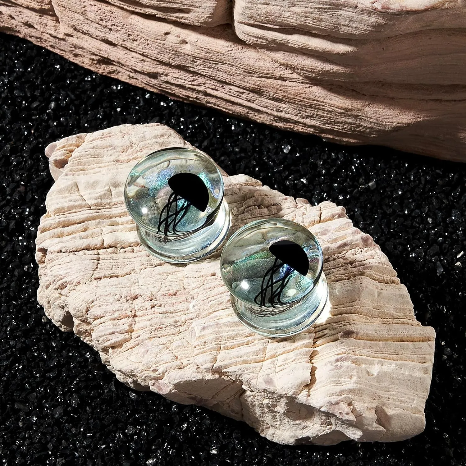 YOFANST 1Pair Glass Ocean Jellyfish Ear Plugs Gauges Tunnel Expanders Stretcher Earrings Double Flared Piercings Body Jewelry Blue Red Black Set 0G-5/8''