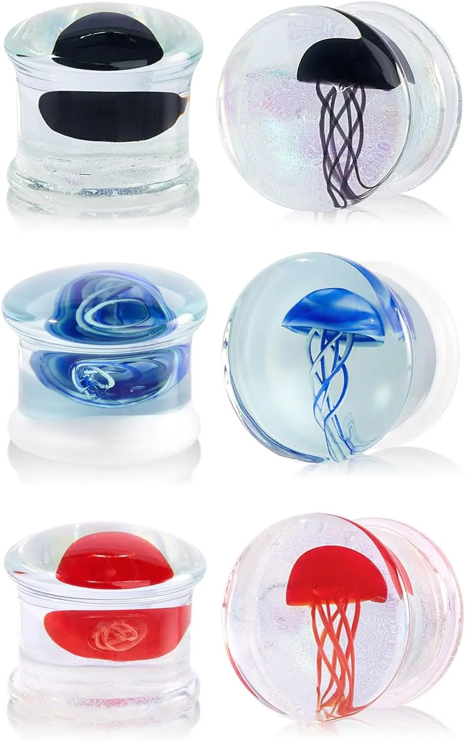YOFANST 3Pairs Glass Ocean Jellyfish Ear Plugs Gauges Tunnel Expanders Stretcher Earrings Double Flared Piercings Body Jewelry Blue Red Black Set 0G-5/8''