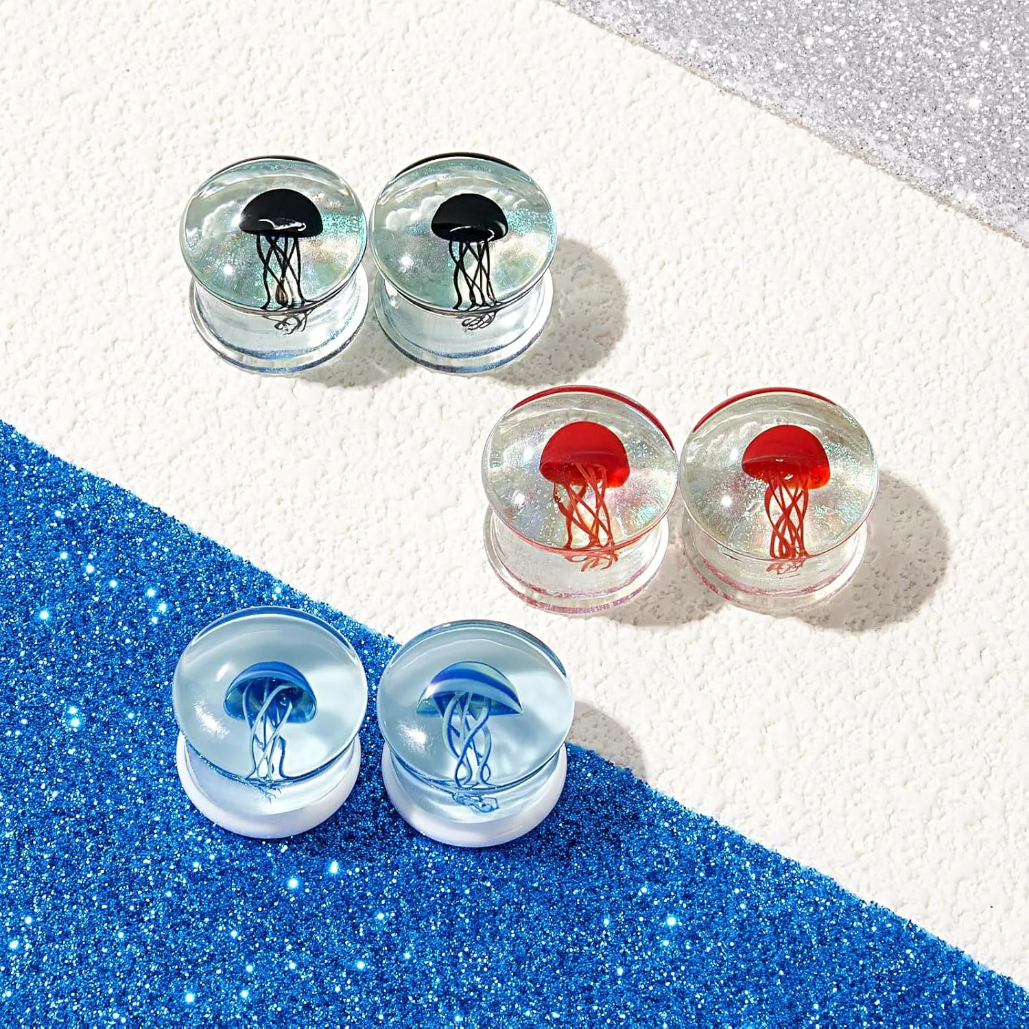 YOFANST 3Pairs Glass Ocean Jellyfish Ear Plugs Gauges Tunnel Expanders Stretcher Earrings Double Flared Piercings Body Jewelry Blue Red Black Set 0G-5/8''