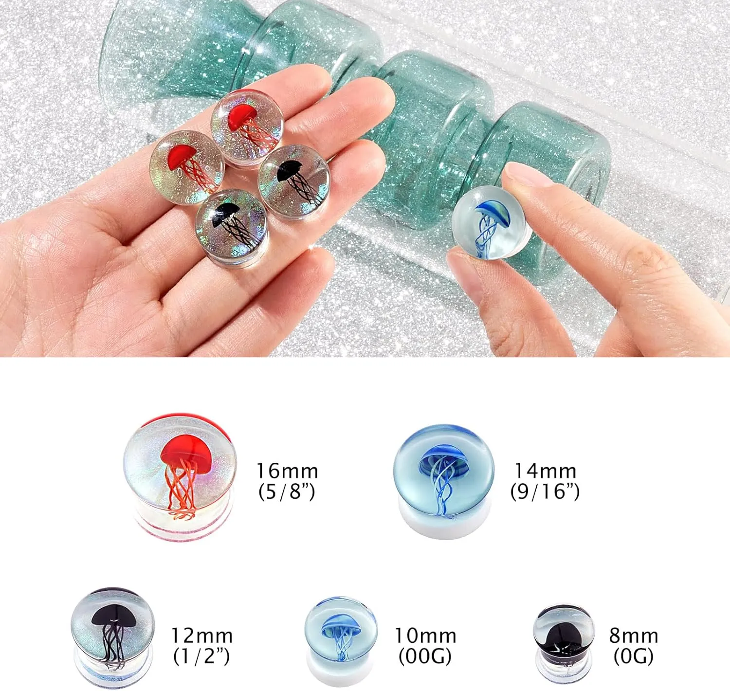 YOFANST 3Pairs Glass Ocean Jellyfish Ear Plugs Gauges Tunnel Expanders Stretcher Earrings Double Flared Piercings Body Jewelry Blue Red Black Set 0G-5/8''