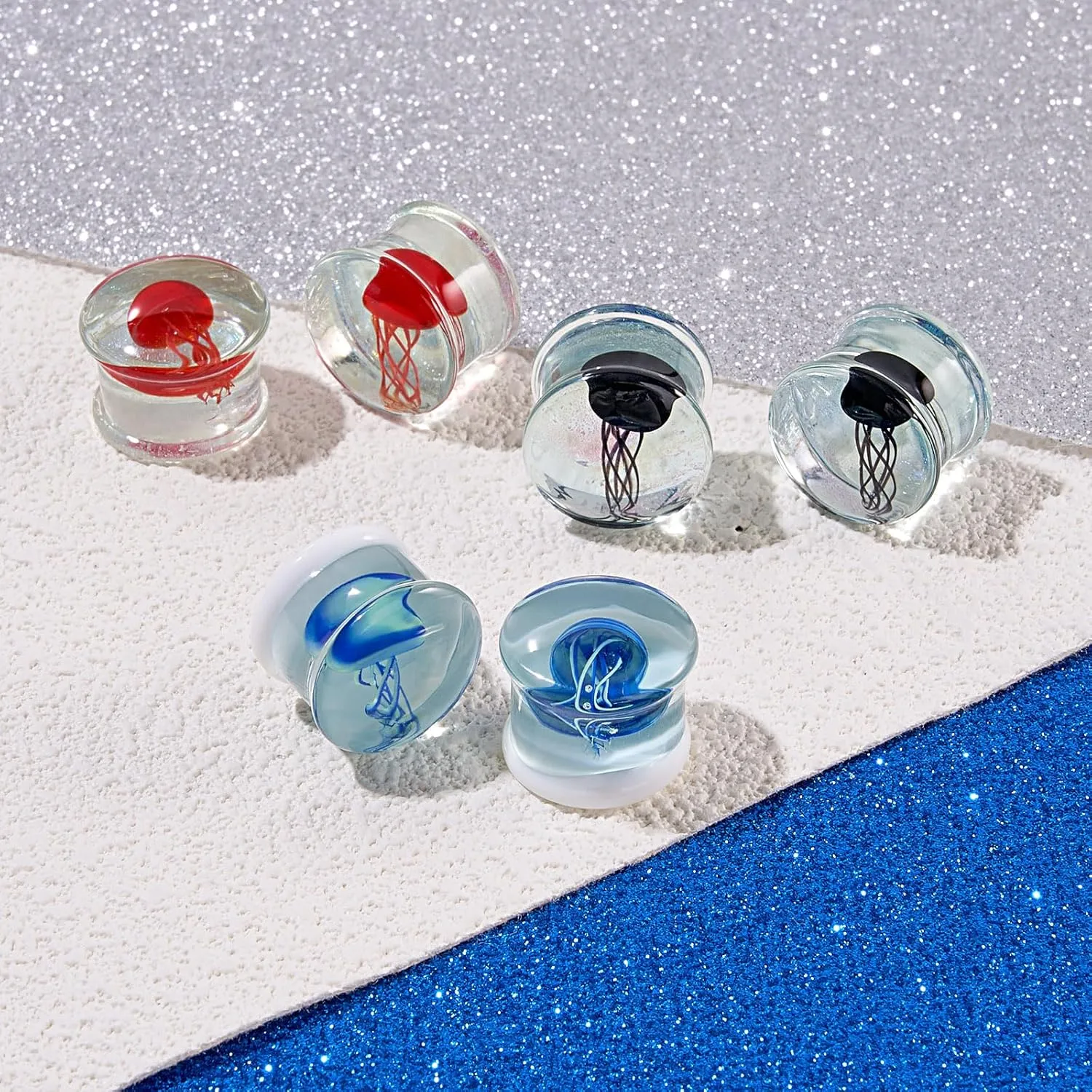 YOFANST 3Pairs Glass Ocean Jellyfish Ear Plugs Gauges Tunnel Expanders Stretcher Earrings Double Flared Piercings Body Jewelry Blue Red Black Set 0G-5/8''