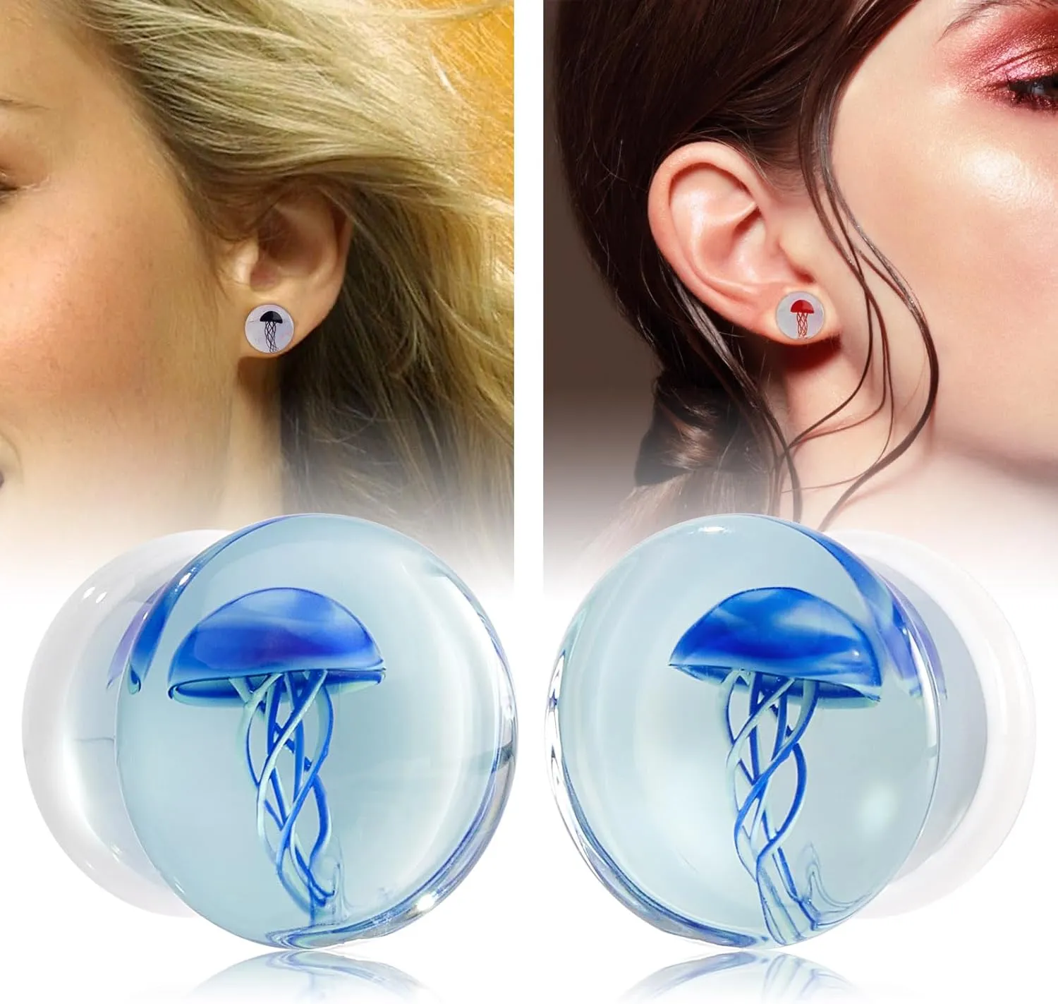 YOFANST 3Pairs Glass Ocean Jellyfish Ear Plugs Gauges Tunnel Expanders Stretcher Earrings Double Flared Piercings Body Jewelry Blue Red Black Set 0G-5/8''