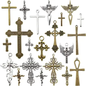 Youdiyla 100g Big Cross Pendants Collection - Antique Bronze Silver Sword Holy Angel Jesus Peace Cross Crucifix Metal Charms for Jewelry Making DIY Findings (HM23)