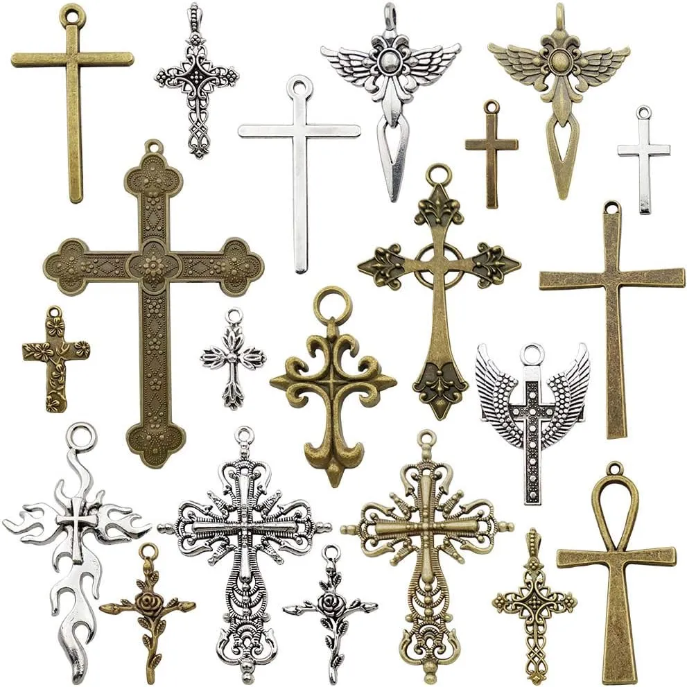 Youdiyla 100g Big Cross Pendants Collection - Antique Bronze Silver Sword Holy Angel Jesus Peace Cross Crucifix Metal Charms for Jewelry Making DIY Findings (HM23)
