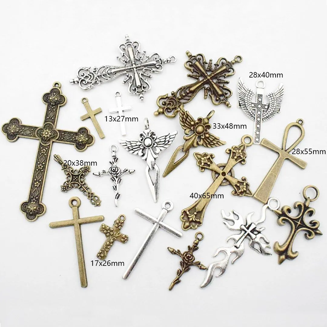 Youdiyla 100g Big Cross Pendants Collection - Antique Bronze Silver Sword Holy Angel Jesus Peace Cross Crucifix Metal Charms for Jewelry Making DIY Findings (HM23)