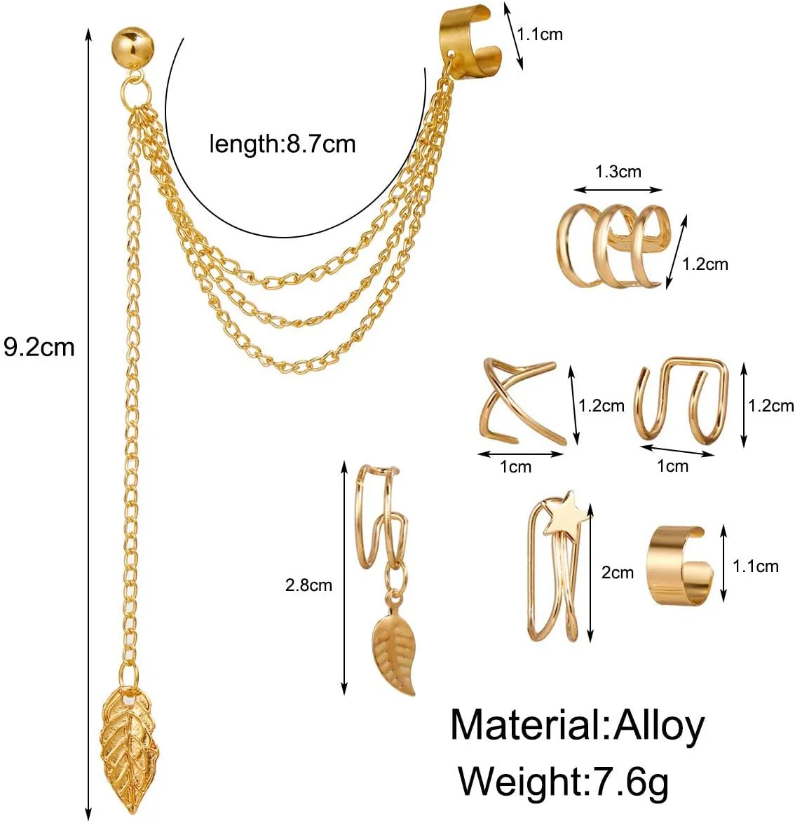 YUNXI Unique Retro Long And Short Rivet Earrings Ear Clips Fashion Goth Punk Tassel Chain Ear Cuff Earrings