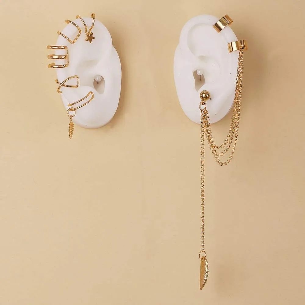 YUNXI Unique Retro Long And Short Rivet Earrings Ear Clips Fashion Goth Punk Tassel Chain Ear Cuff Earrings