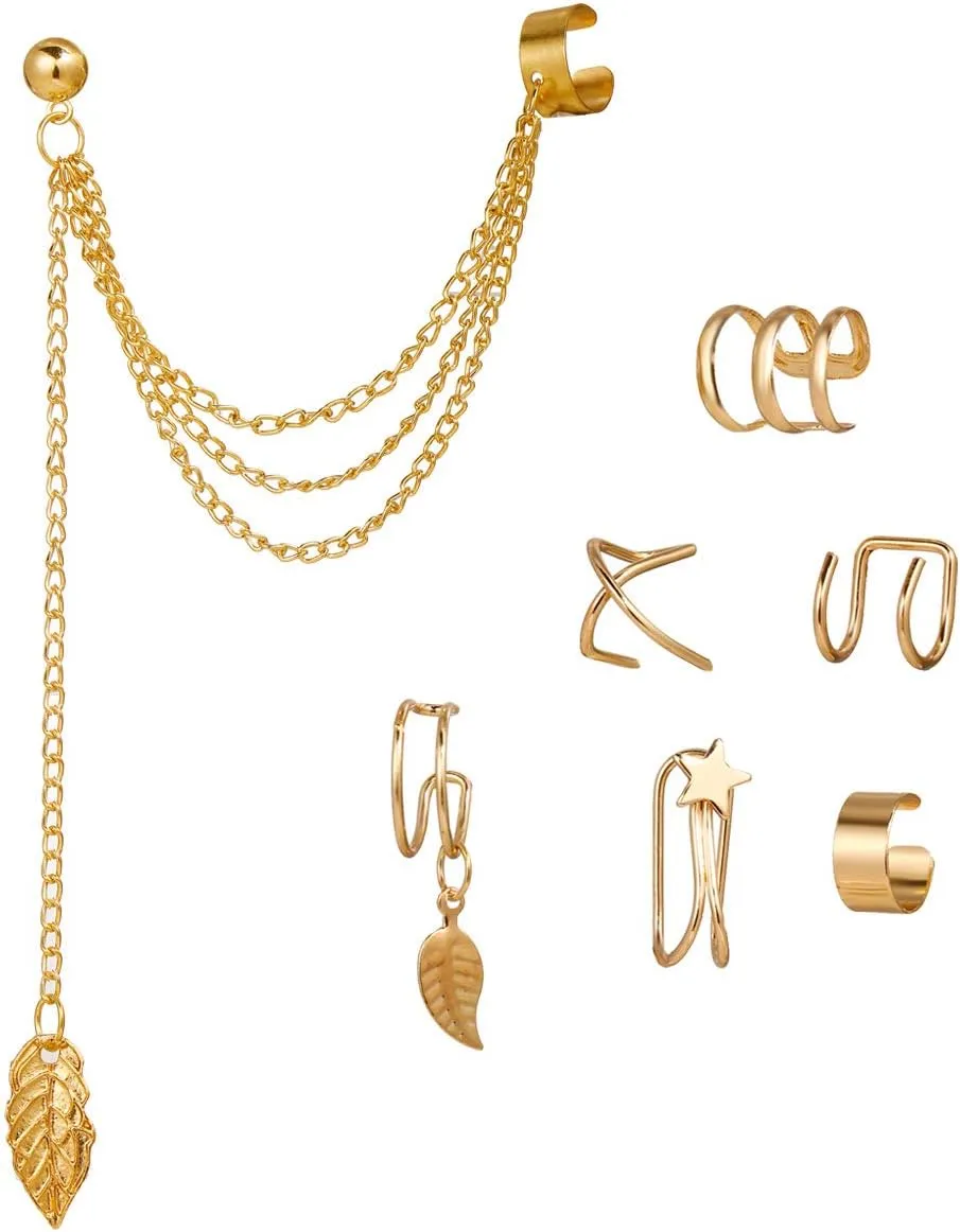 YUNXI Unique Retro Long And Short Rivet Earrings Ear Clips Fashion Goth Punk Tassel Chain Ear Cuff Earrings